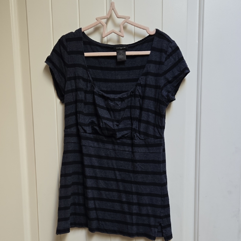 Ann Taylor Outlet Black and Gray Striped Short Sleeve Top Smart Short Sleeve